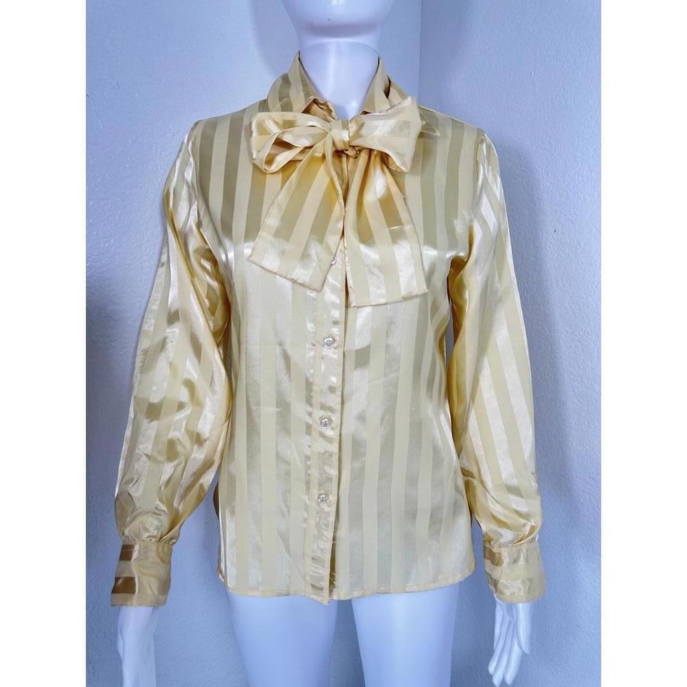 VTG 70s Sears JR Bazaar Gold Pussybow Blouse Sz 9 Shiny Satin Secretary - Picture 3 of 6